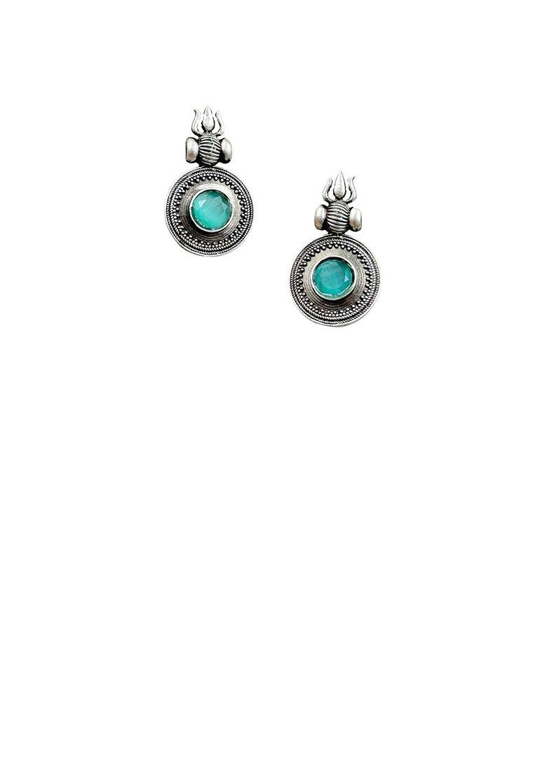 Silver Plated Artificial Stones Studded Circular Shaped Oxidised Drop Earrings