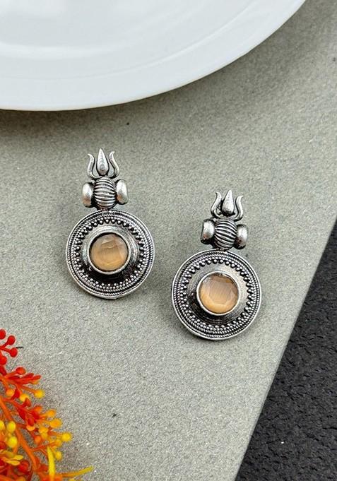 Silver Plated Artificial Stones Studded Circular Shaped Oxidised Drop Earrings