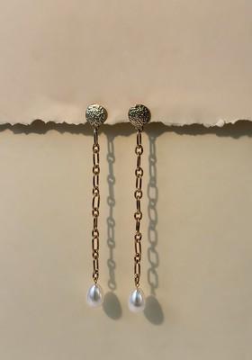 Gold Plated Artificial Beaded Teardrop Shaped Drop Earrings