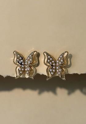 Gold Plated Artificial Stones Studded Butterfly Animal Shaped Studs
