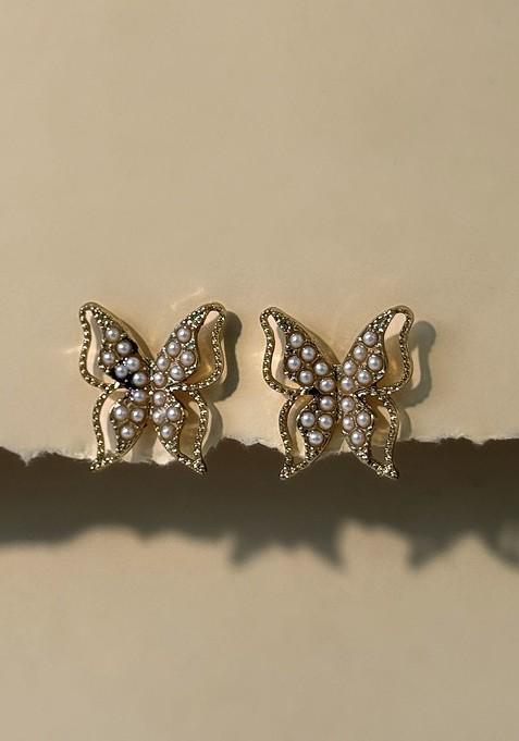 Gold Plated Artificial Stones Studded Butterfly Animal Shaped Studs