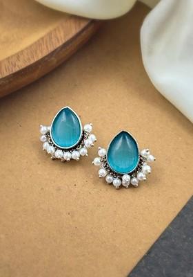 Silver Plated Artificial Stones Studded And Beaded Teardrop Shaped Oxidised Studs