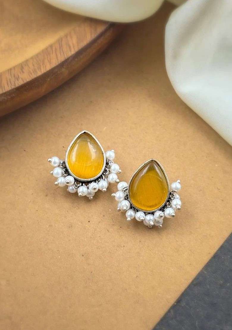 Silver Plated Artificial Stones Studded And Beaded Teardrop Shaped Oxidised Studs - Indya