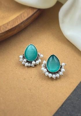 Silver Plated Stones Studded And Beaded Teardrop Shaped Oxidised Drop Earrings