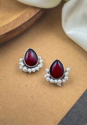 Silver Plated Stones Studded And Beaded Teardrop Shaped Oxidised Drop Earrings