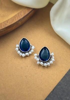 Silver Plated Artificial Stones Studded And Beaded Teardrop Shaped Oxidised Studs