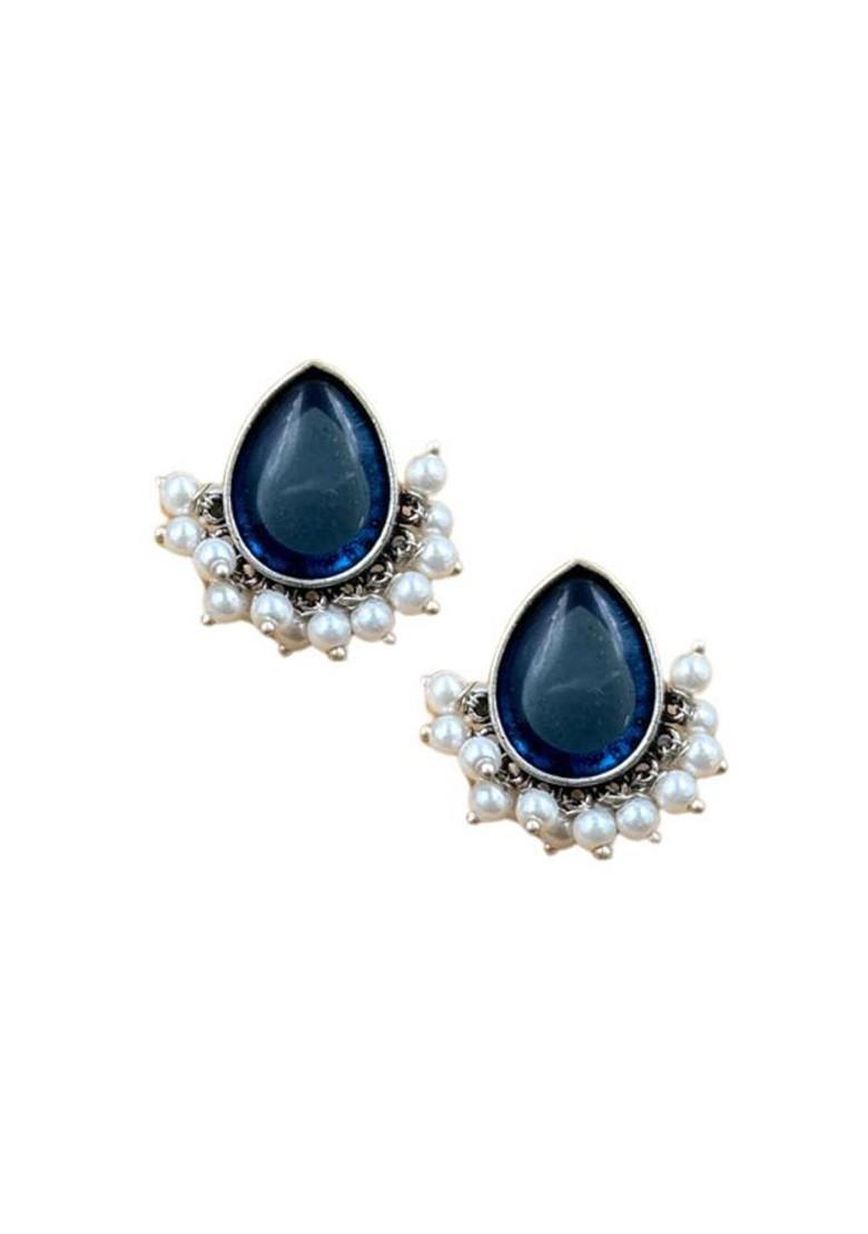 Silver Plated Artificial Stones Studded And Beaded Teardrop Shaped Oxidised Studs