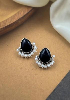 Silver Plated Artificial Stones Studded And Beaded Teardrop Shaped Oxidised Studs