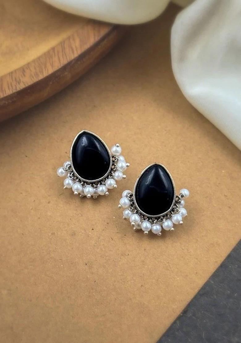 Silver Plated Artificial Stones Studded And Beaded Teardrop Shaped Oxidised Studs