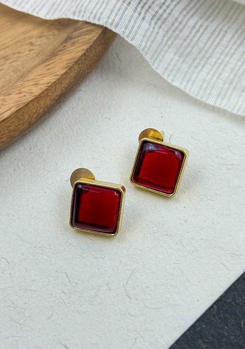 Gold Plated Artificial Stones Studded Square Shaped Studs