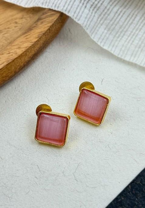 Gold Plated Artificial Stones Studded Square Shaped Studs