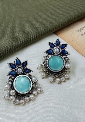 Silver Plated Artificial Stones Studded And Beaded Drop Earrings