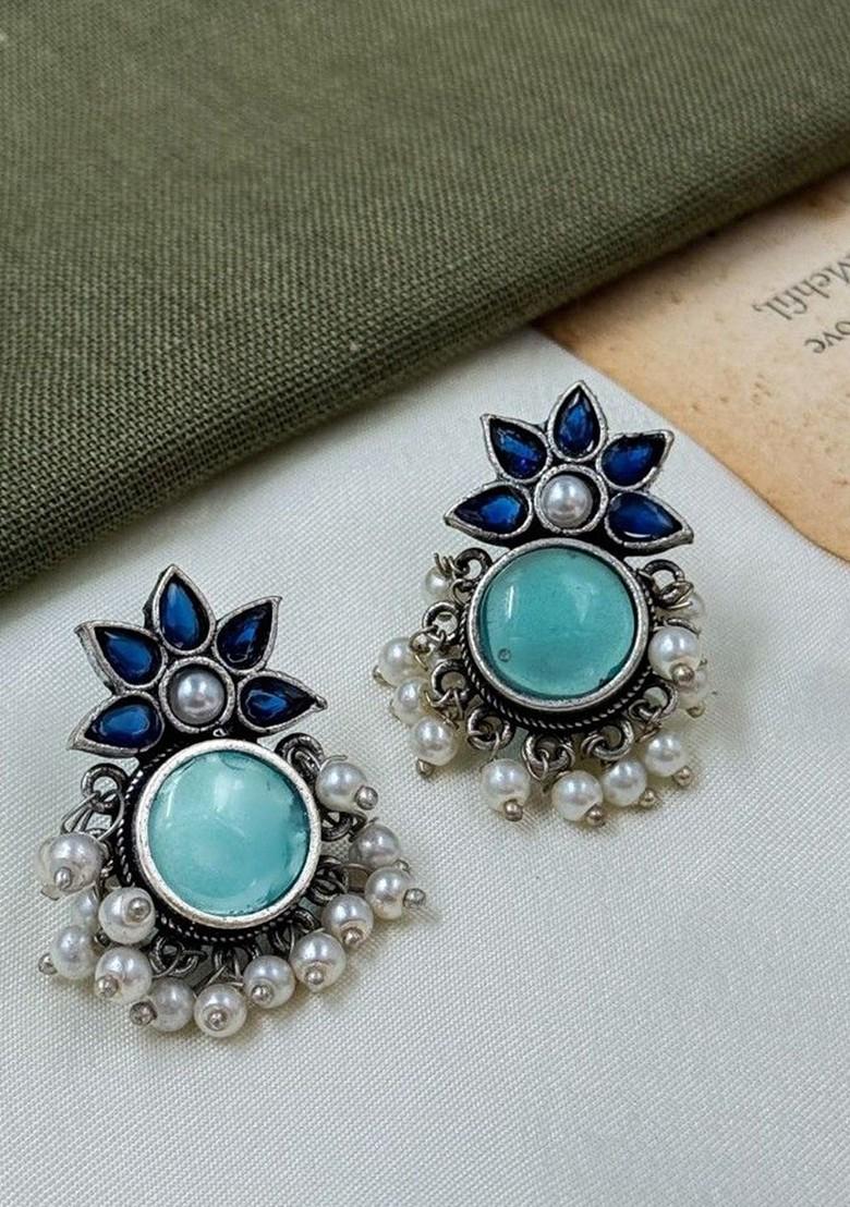 Silver Plated Artificial Stones Studded And Beaded Drop Earrings