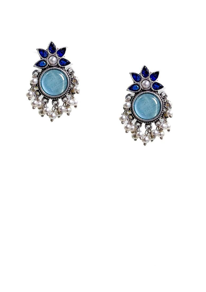 Silver Plated Artificial Stones Studded And Beaded Drop Earrings