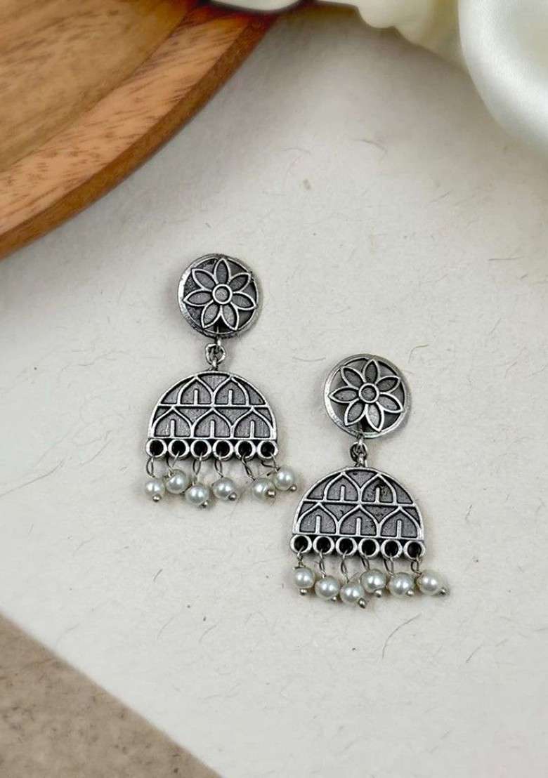 Silver Plated Oxidised Contemporary Jhumkas - Indya