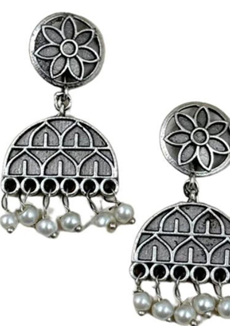 Silver Plated Oxidised Contemporary Jhumkas