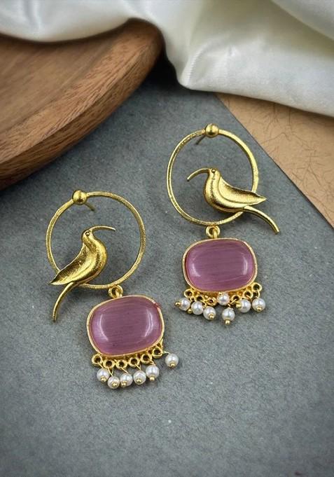 Gold Plated Artificial Stones Studded And Beaded Oxidised Drop Earrings