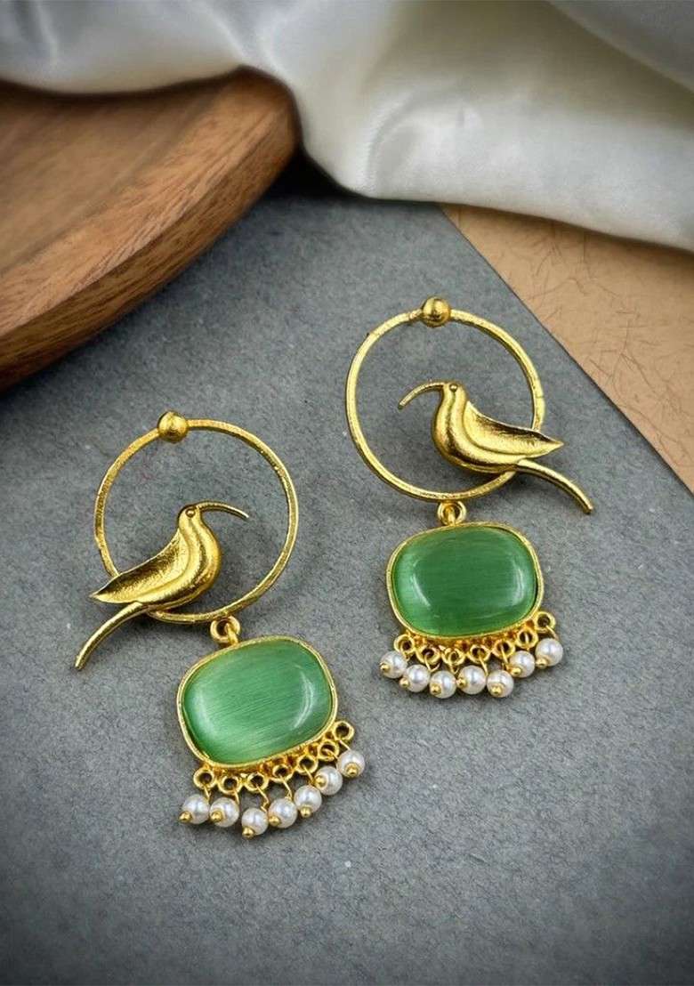 Gold Plated Artificial Stones Studded And Beaded Contemporary Drop Earrings - Indya