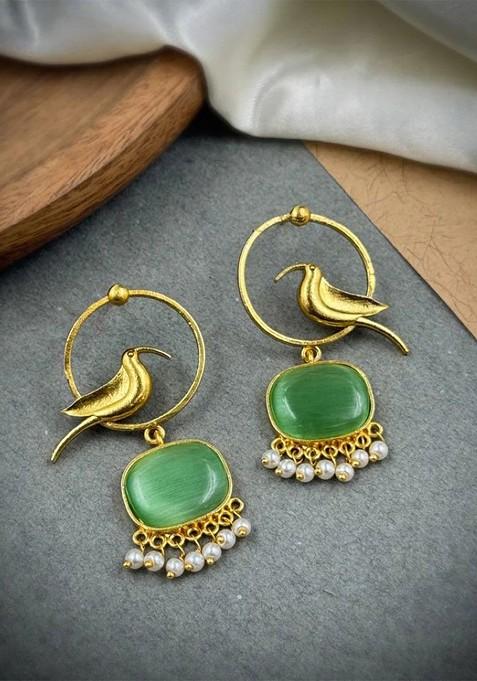 Gold Plated Artificial Stones Studded And Beaded Contemporary Drop Earrings