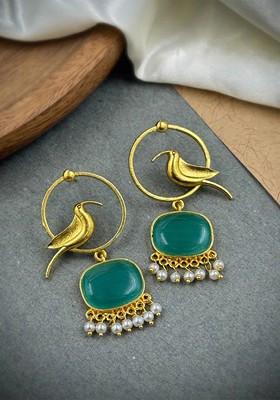 Gold Plated Artificial Stones Studded And Beaded Oxidised Drop Earrings