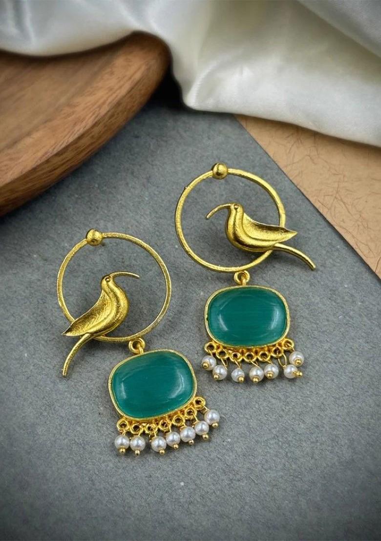 Gold Plated Artificial Stones Studded And Beaded Oxidised Drop Earrings
