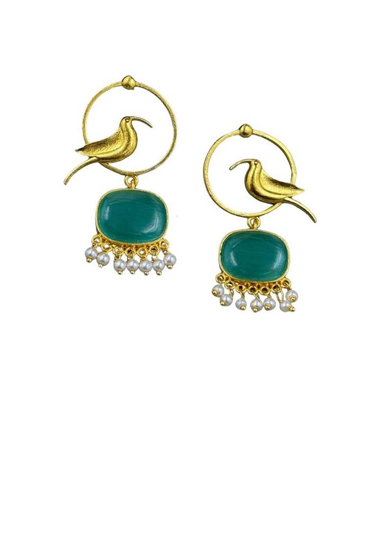 Gold Plated Artificial Stones Studded And Beaded Oxidised Drop Earrings
