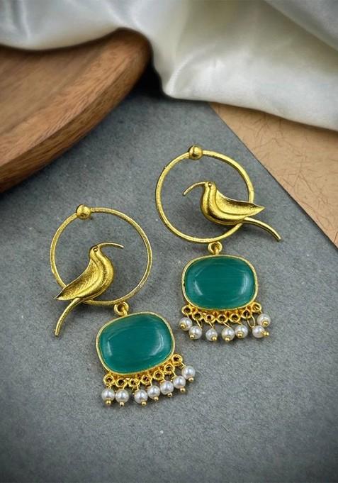 Gold Plated Artificial Stones Studded And Beaded Oxidised Drop Earrings