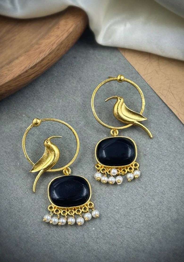Gold Plated Artificial Stones Studded And Beaded Animal Shaped Drop Earrings - Indya