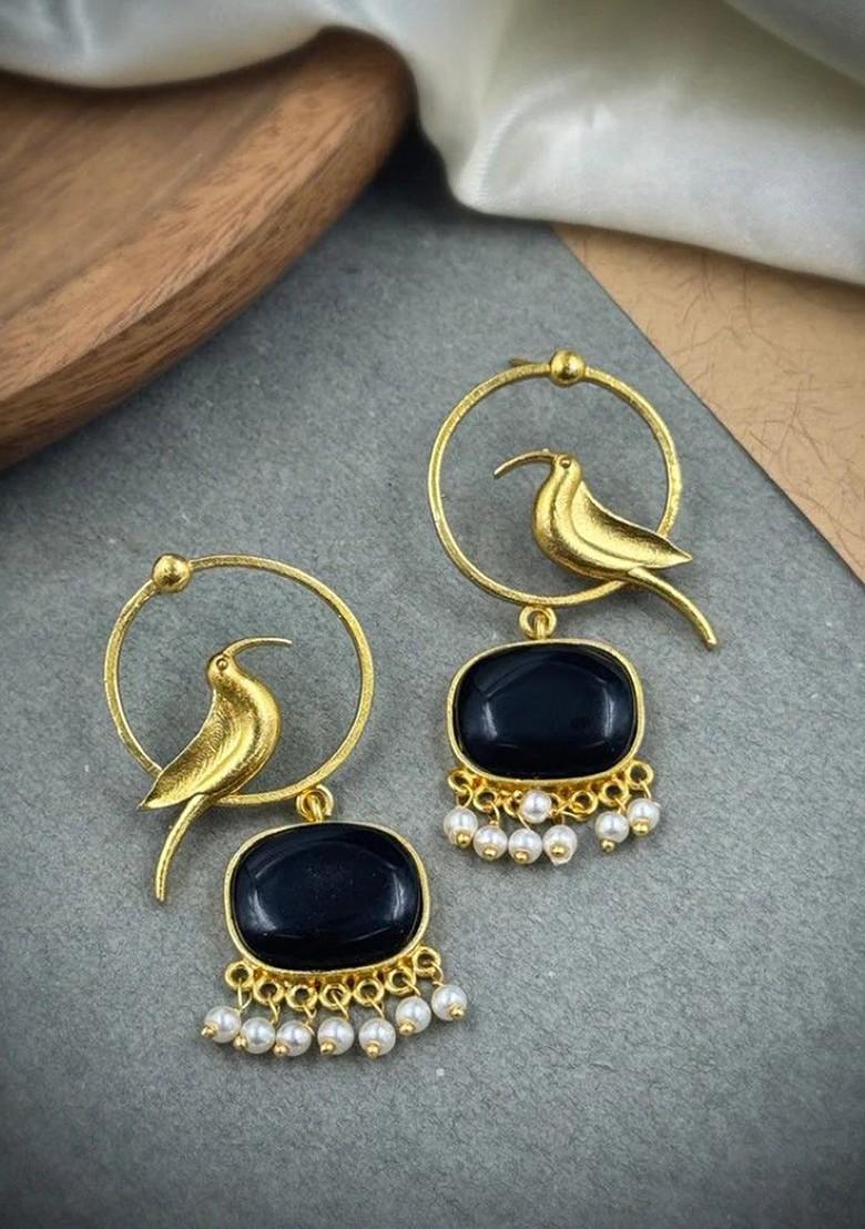 Gold Plated Artificial Stones Studded And Beaded Animal Shaped Drop Earrings