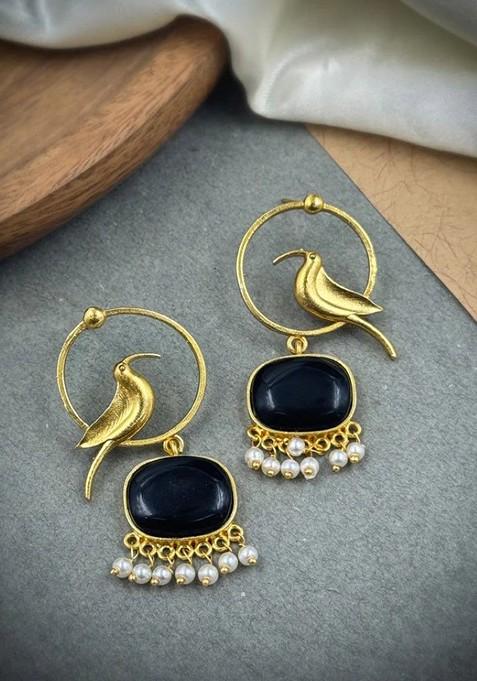 Gold Plated Artificial Stones Studded And Beaded Animal Shaped Drop Earrings