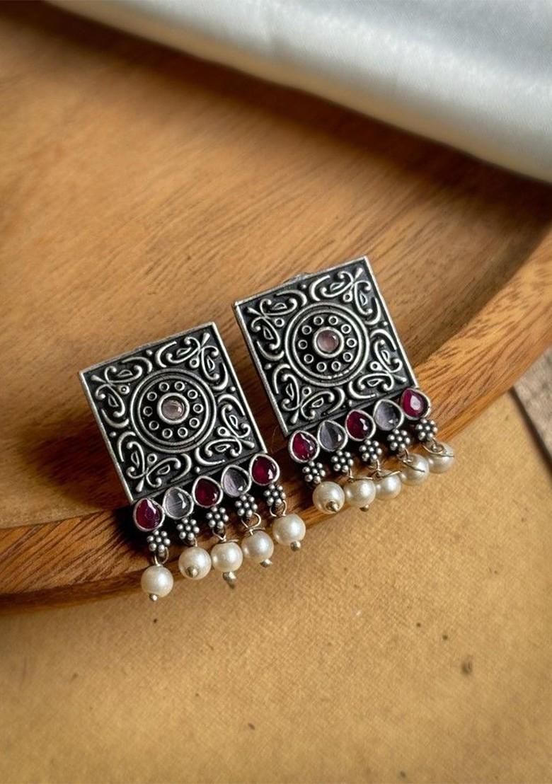 Silver Plated Stones Studded And Beaded Square Shaped Oxidised Drop Earrings