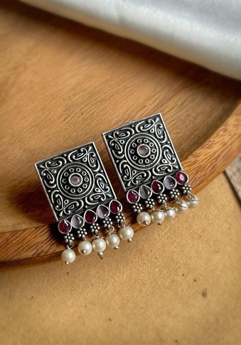 Silver Plated Stones Studded And Beaded Square Shaped Oxidised Drop Earrings