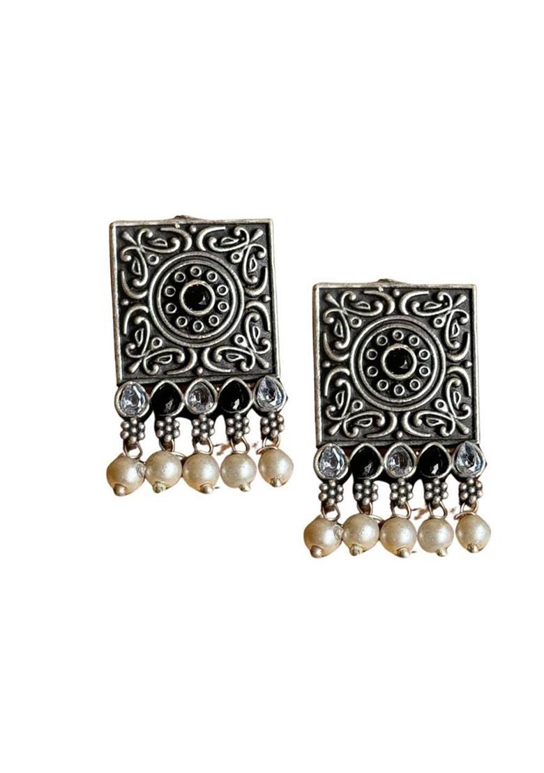 Silver Plated Stones Studded And Beaded Square Oxidised Drop Earrings