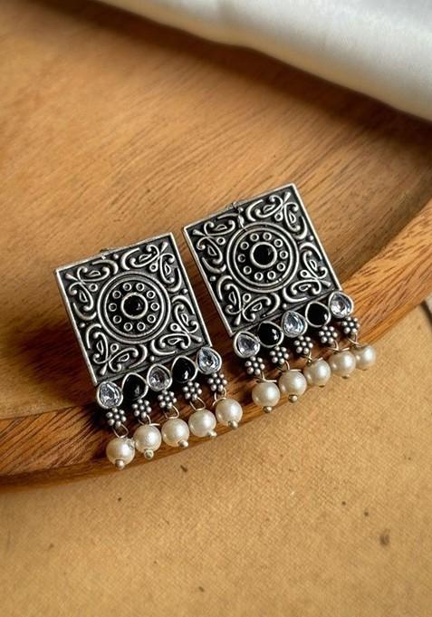 Silver Plated Stones Studded And Beaded Square Oxidised Drop Earrings