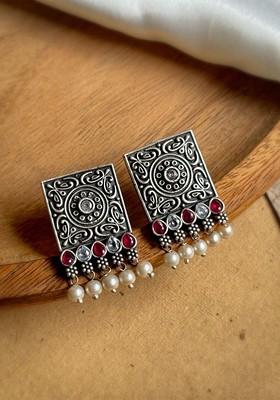 Silver Plated Stones Studded And Beaded Square Shaped Oxidised Drop Earrings