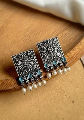 Silver Plated Stones Studded And Beaded Square Shaped Oxidised Drop Earrings