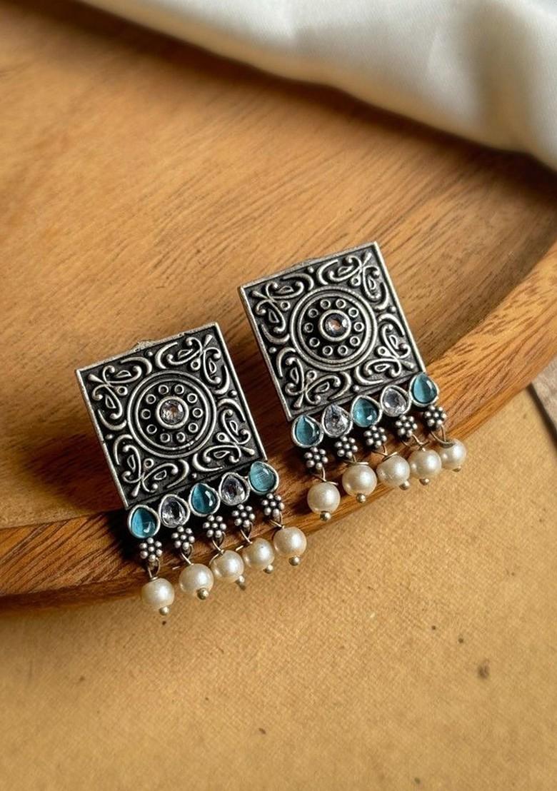 Silver Plated Stones Studded And Beaded Square Shaped Oxidised Drop Earrings