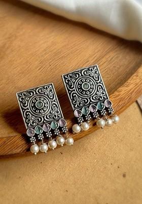 Silver Plated Stones Studded And Beaded Square Shaped Oxidised Drop Earrings