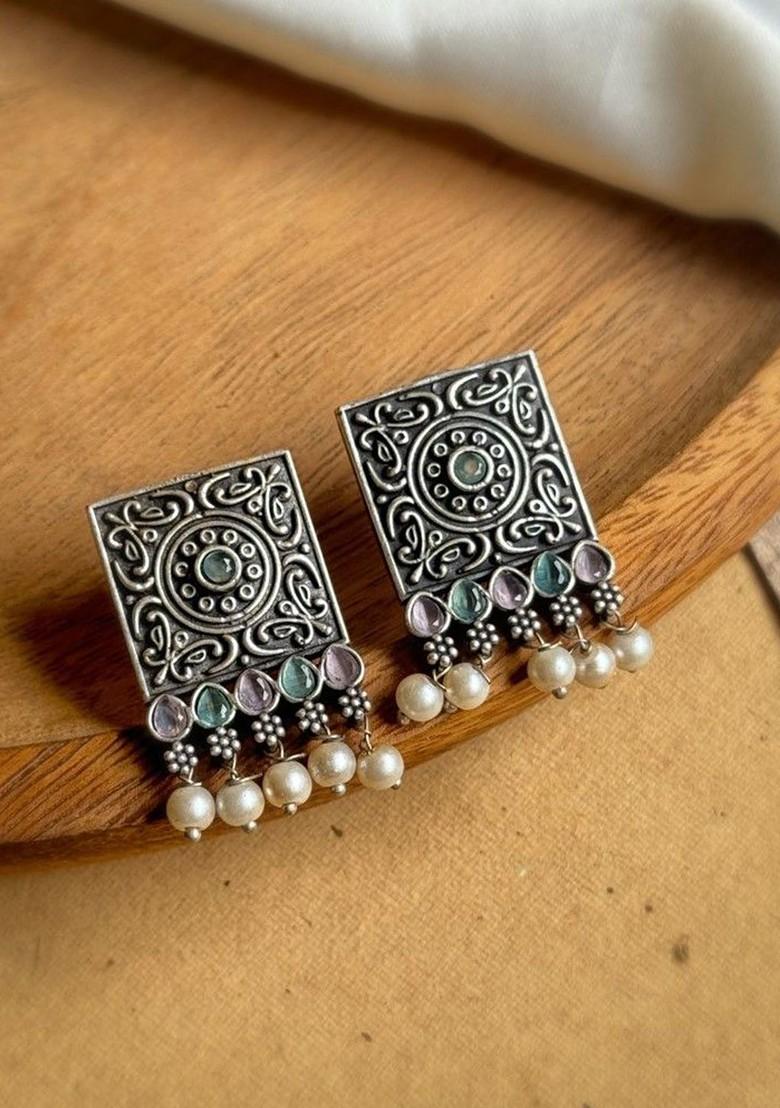 Silver Plated Stones Studded And Beaded Square Shaped Oxidised Drop Earrings