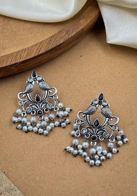 Silver Plated Artificial Stones And Beads Oxidised Contemporary Drop Earrings