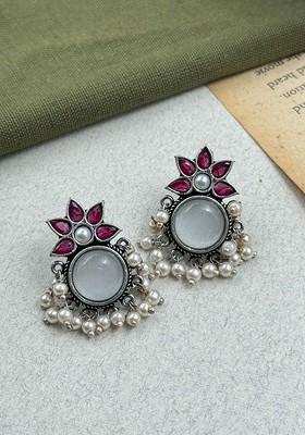 Silver Plated Stones Studded And Beaded Circular Drop Earrings