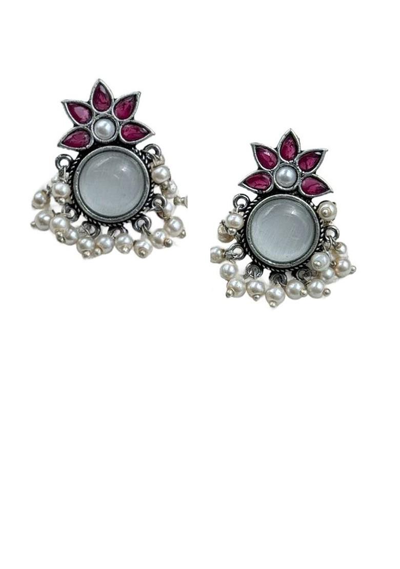 Silver Plated Stones Studded And Beaded Circular Drop Earrings