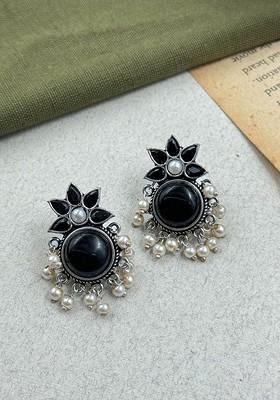 Silver Plated Stones Studded And Beaded Circular Drop Earrings