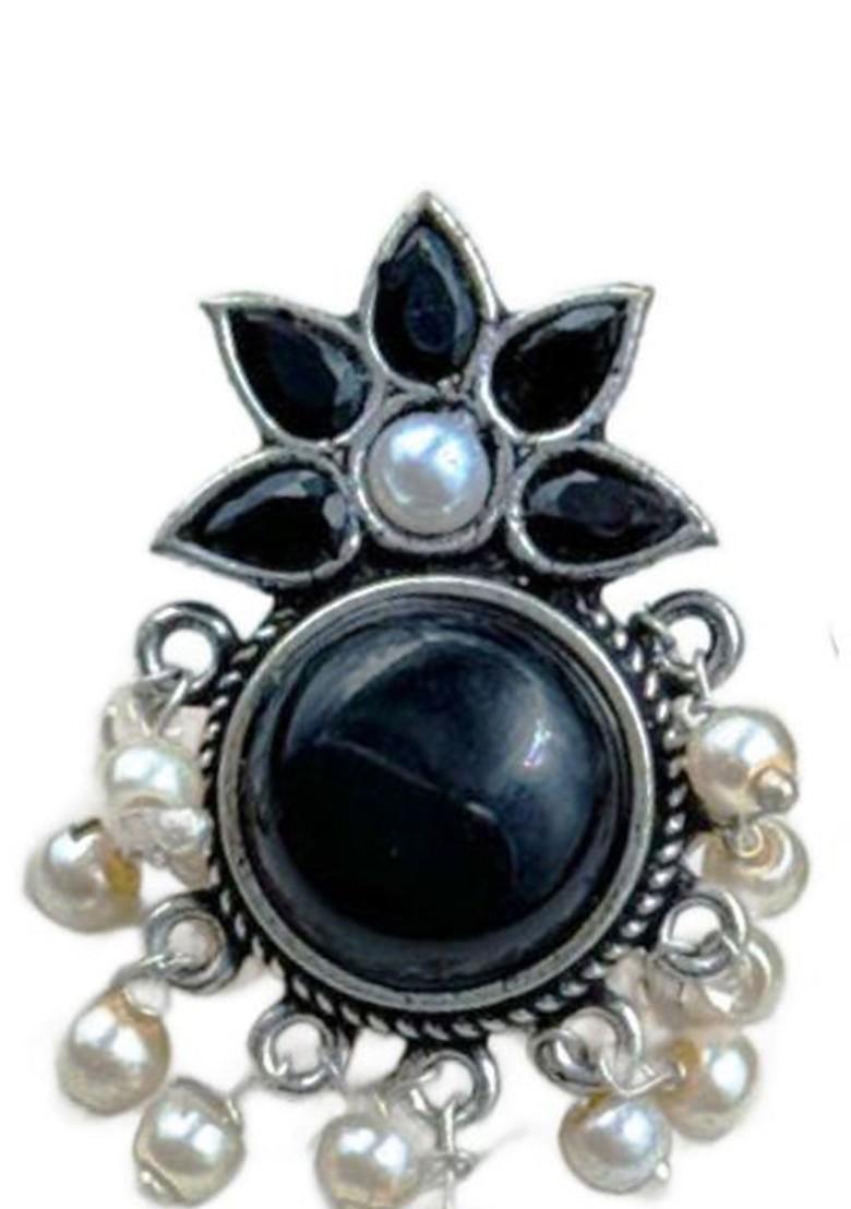 Silver Plated Stones Studded And Beaded Circular Drop Earrings