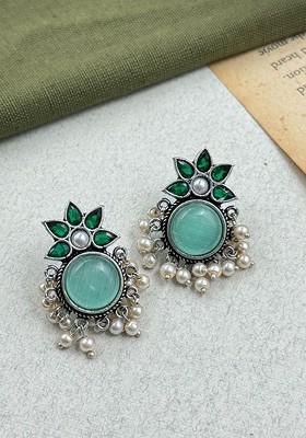 Silver Plated Artificial Stones Studded Contemporary Oxidised Drop Earrings