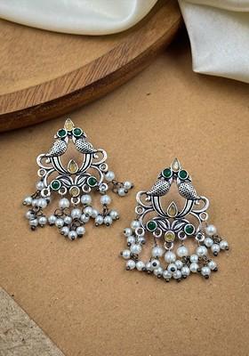 Silver Plated Artificial Stones And Beads Oxidised Contemporary Drop Earrings