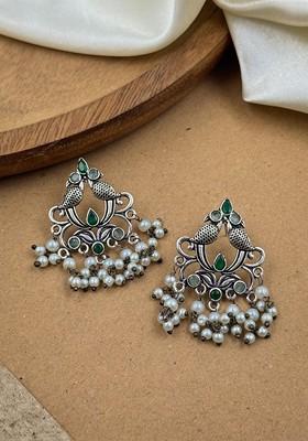 Silver Plated Artificial Stones And Beads Oxidised Contemporary Drop Earrings