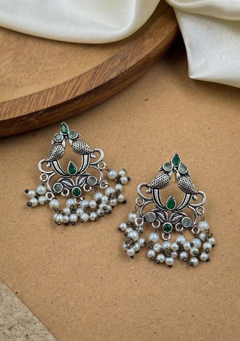 Silver Plated Artificial Stones And Beads Oxidised Contemporary Drop Earrings