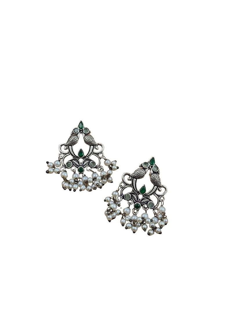 Silver Plated Artificial Stones And Beads Oxidised Contemporary Drop Earrings