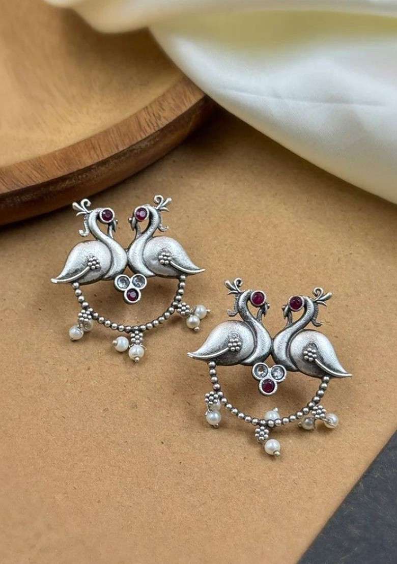 Silver Plated Stones Studded And Beaded Animal Shaped Oxidised Drop Earrings - Indya